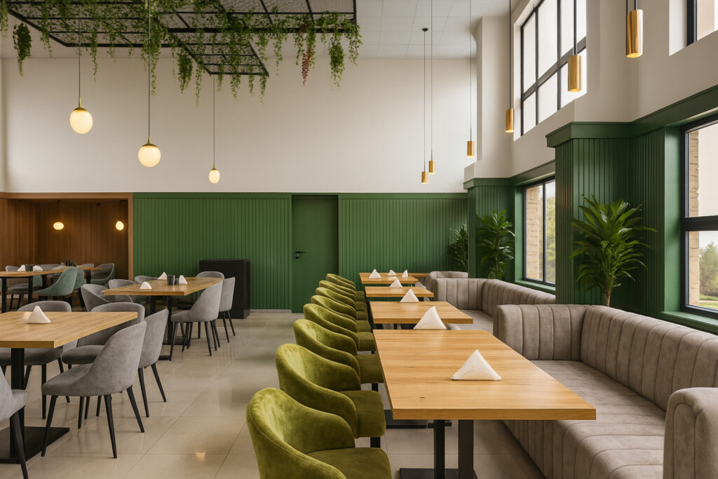 Modern café interior with green and beige seating, wooden tables, pendant lighting, and indoor plants creating a fresh, vibrant atmosphere.