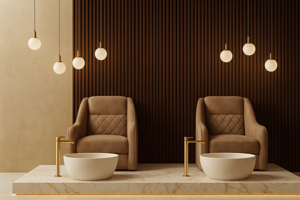 Luxury spa pedicure station with plush brown chairs, marble platform, golden fixtures, and warm ambient lighting.