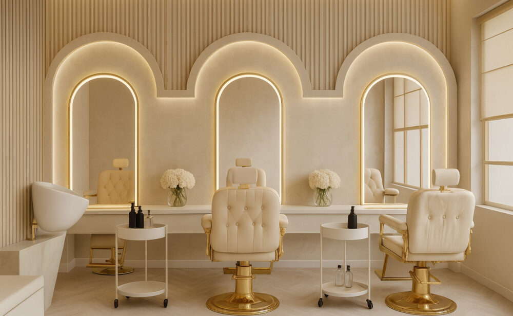 Luxurious salon setup with gold-accented barber chairs, arched backlit mirrors, and elegant white décor.