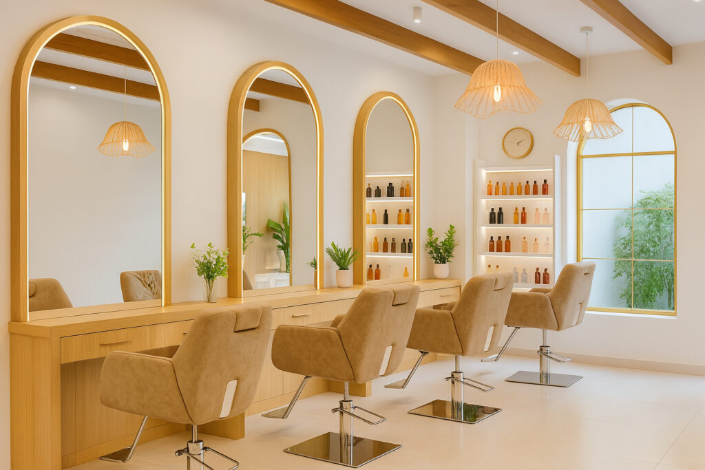 Modern salon interior with natural wooden elements, beige styling chairs, large arched mirrors, and soft ambient lighting.