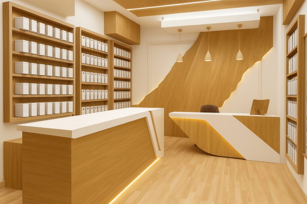 Modern reception and retail showroom interior with wooden shelving, sleek counters, warm lighting, and minimal product displays in white packaging.