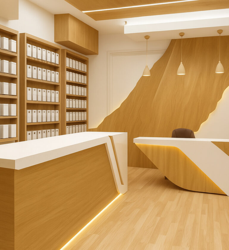 Modern reception and retail showroom interior with wooden shelving, sleek counters, warm lighting, and minimal product displays in white packaging.