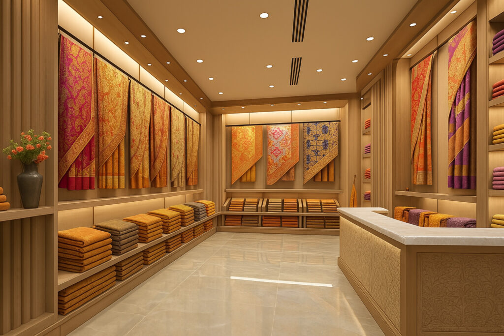 Traditional saree showroom interior with wooden shelves, warm lighting, and vibrant silk sarees displayed elegantly on walls and racks.
