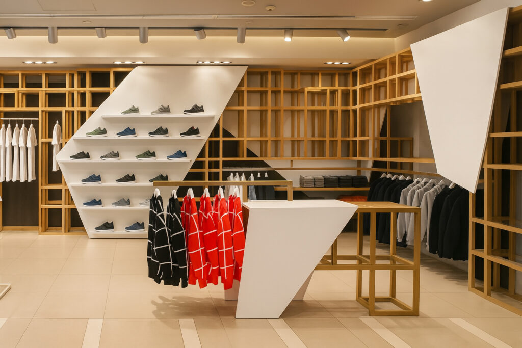 Contemporary retail showroom interior featuring geometric shelving, diagonal shoe display racks, and stylish apparel arrangements in a modern layout.