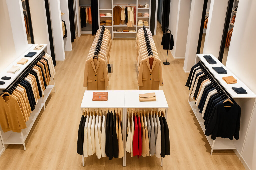 Minimalist apparel showroom interior with neutral-toned coats, sweaters, and accessories neatly displayed on white racks and wooden flooring.