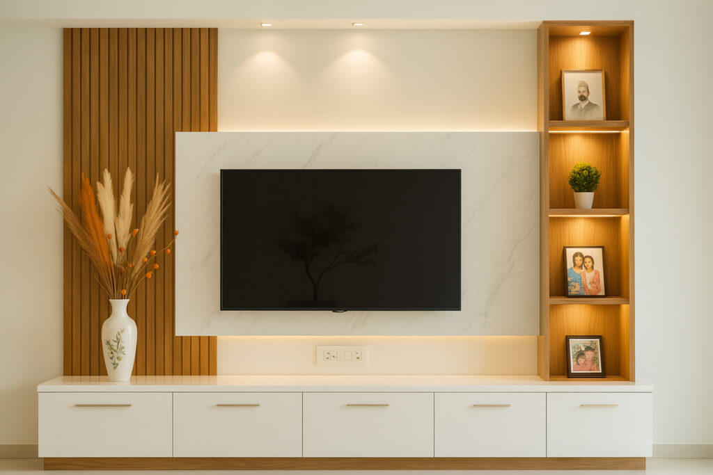 Minimalist TV unit with wooden panel accents, marble backdrop, and side showcase with family photographs and decor.