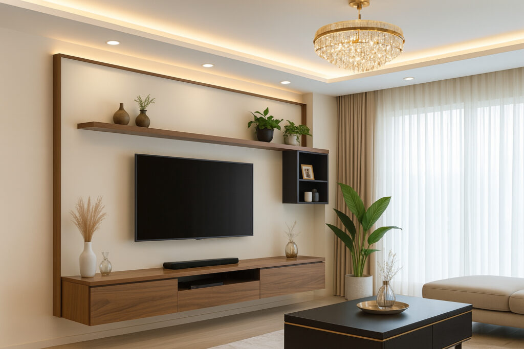 Explore Maison Square’s minimalist TV unit design featuring a beige marble wall panel, concealed LED lighting, and floating storage cabinetry—perfect for contemporary living spaces.