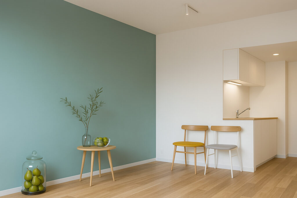 Minimalist living space with teal accent wall, light wood flooring, and simple natural decor.