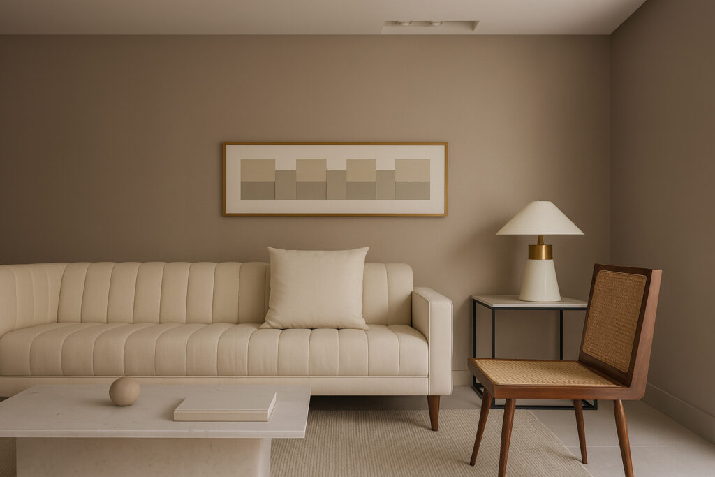 Minimalist living room with a neutral color palette, featuring a geometric wall painting, cream sofa, and modern decor.