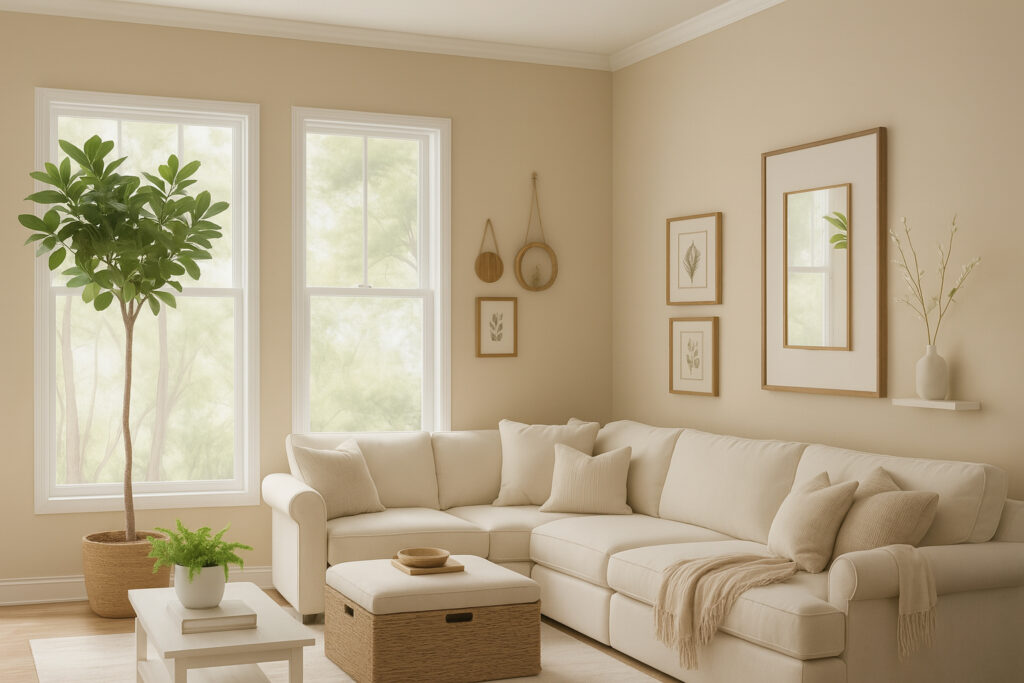 Cozy living room with neutral beige walls, botanical wall paintings, an L-shaped cream sofa, and minimalistic decor.