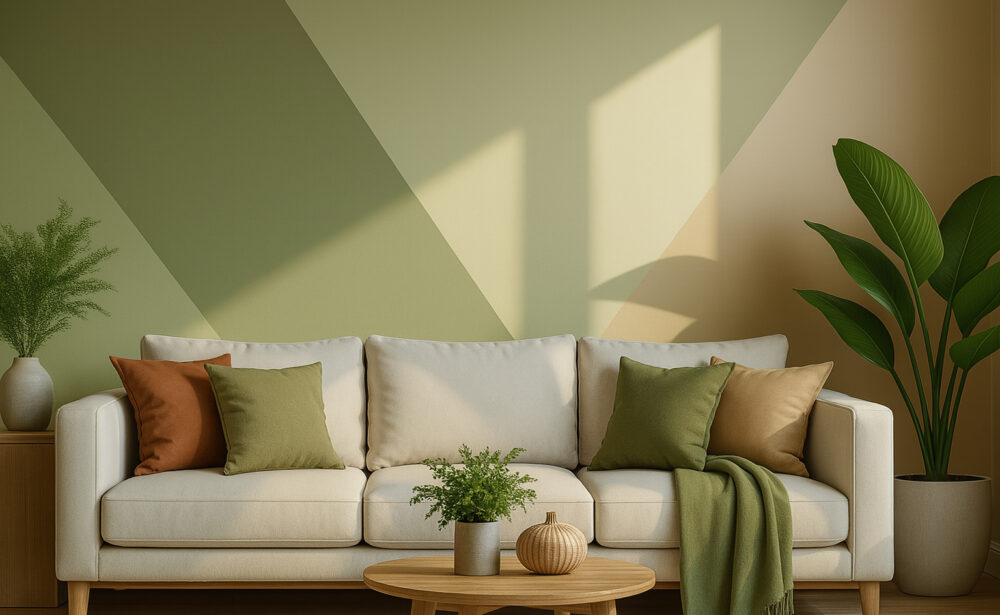 Living room with a beige sofa, green and brown cushions, indoor plants, and a modern geometric wall painting in soft olive, beige, and tan tones.