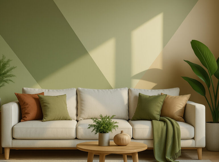 Living room with a beige sofa, green and brown cushions, indoor plants, and a modern geometric wall painting in soft olive, beige, and tan tones.