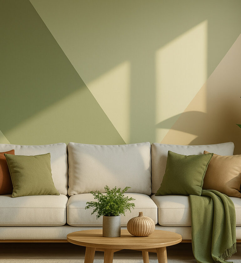 Living room with a beige sofa, green and brown cushions, indoor plants, and a modern geometric wall painting in soft olive, beige, and tan tones.