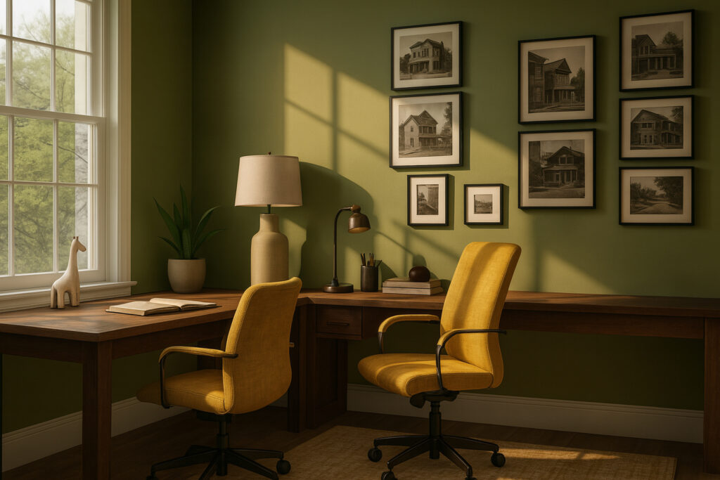 Elegant home office with olive green wall painting, wooden desk setup, yellow office chairs, and a gallery of black and white framed pictures.