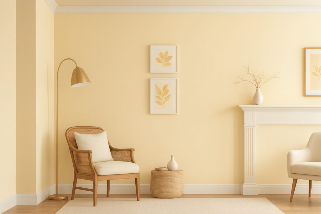 Minimalist living room with soft yellow wall paint, wooden furniture, and warm neutral decor.