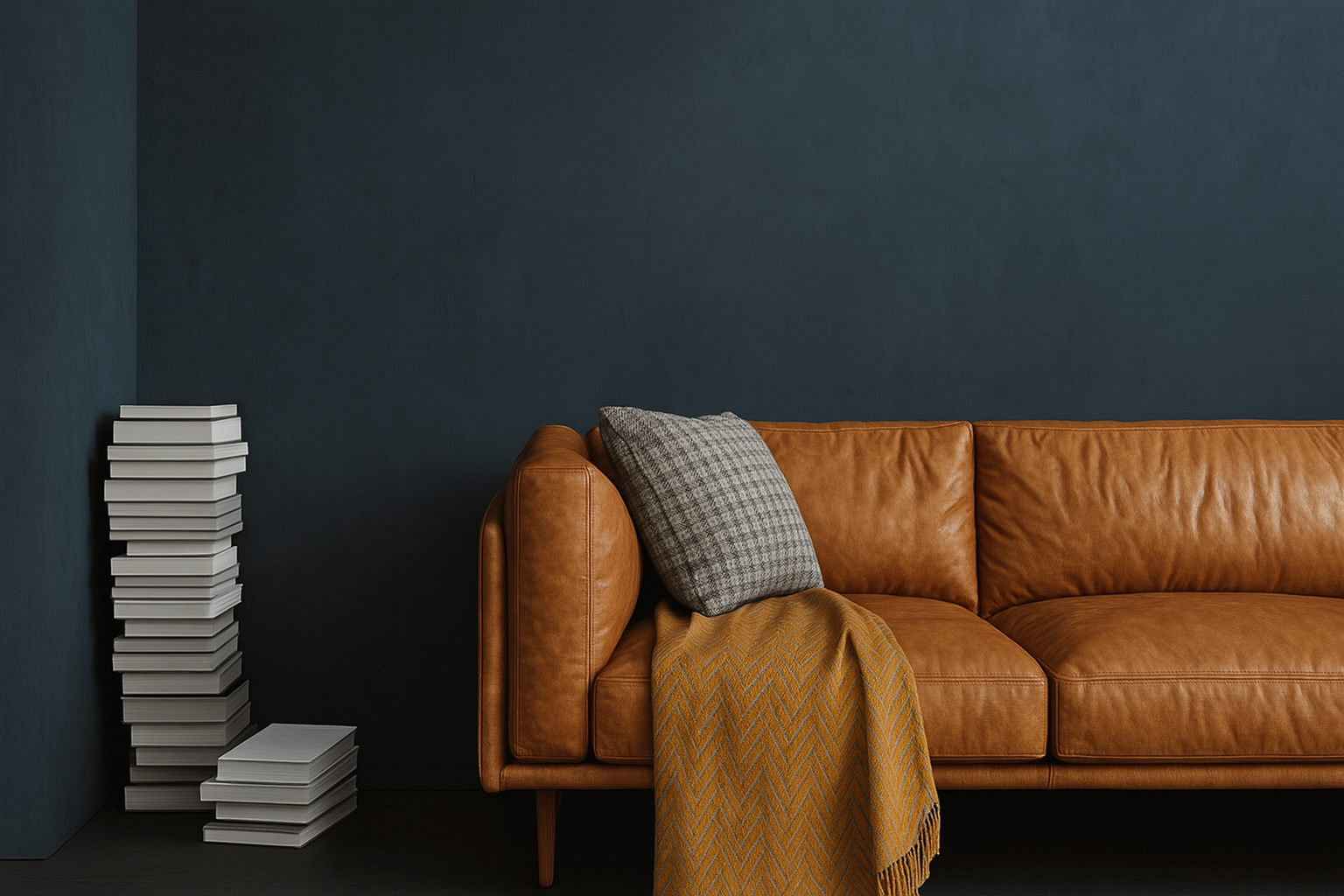 Dark textured wall with a brown leather sofa, stacked books, and a cozy throw blanket in a modern living room.