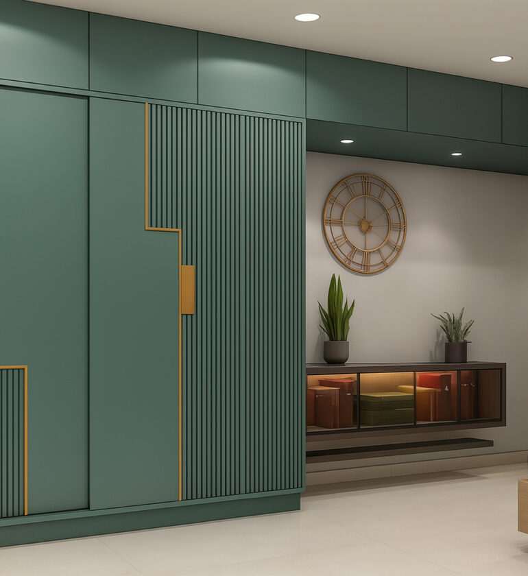 Contemporary green wardrobe with vertical groove panels, bold golden accents, and concealed handles, set in a modern bedroom with minimalist decor.