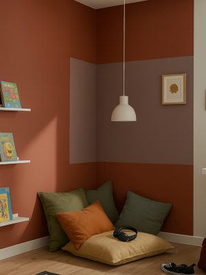 Warm Terracotta and Mauve Kids’ Study Room Wall Design – Maison Square Creative kids' study and reading corner with warm terracotta and mauve wall painting, cozy floor cushions, wall shelves with books, and a modern study desk.